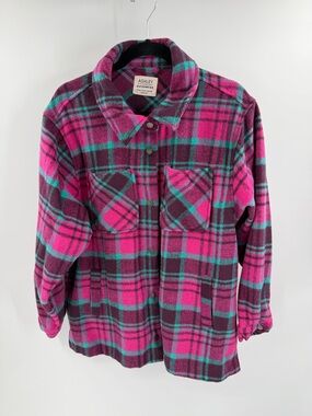 Ashley Outerwear Pink & Teal Plaid Fleece Shacket Jacket Buttoned Size XL Womens